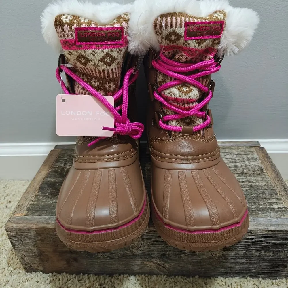 New London Fog Girls Tottenham Snow Boots Size 3 Brown Pink Faux Fur
